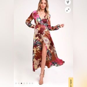 Put on a Smile Burgundy Floral Print Satin Wrap Maxi Dress